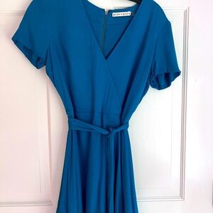 Alice & Olivia teal dress with short sleeves.